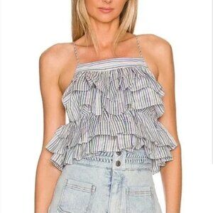 Anthropologie Magali Pascal Isla Silk Blend White Stripe Ruffle Top